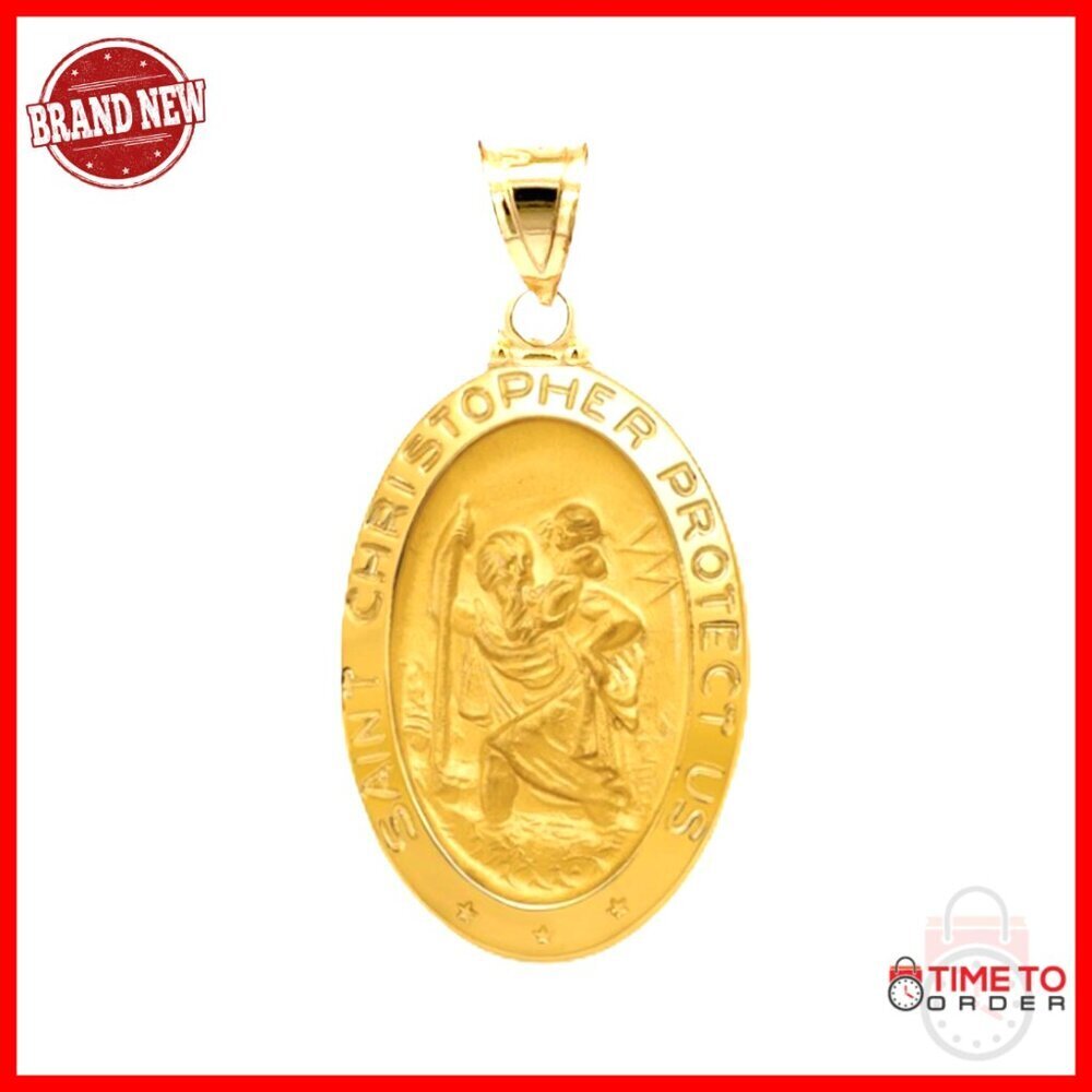 14K Yellow Gold Saint Christopher Pendant, 1.25" Religious Jewelry for Travel